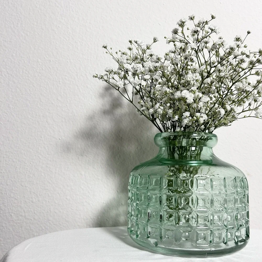 VTG Seafoam Sage Green‎ Translucent Textured Geometric Pattern Glass Decor Vase